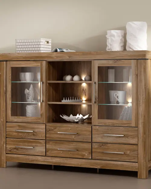 Cómoda Gent 166 cm vitrina con 2 puertas 6 cajones y 3 estantes roble stirling