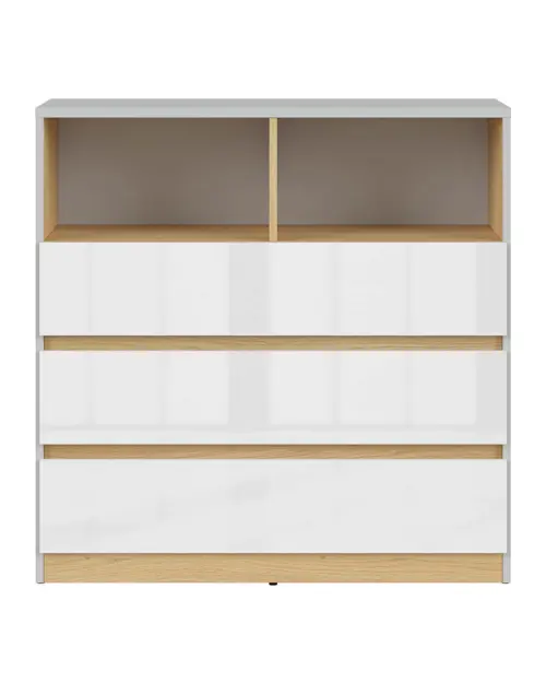 Cómoda Nandu 90 cm con 3 cajones y 2 estantes gris claro/roble polaco/blanco brillo
