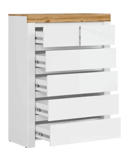 Cómoda Holten 99 cm con 6 cajones blanco/roble wotan/blanco brillo