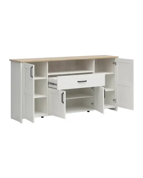 Cómoda Loksa 194 cm con 4 puertas, cajón y estante, pino andersen blanco/roble grandson