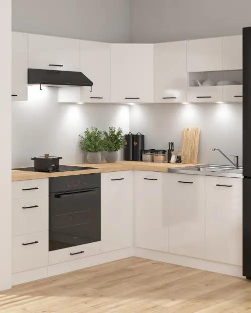 Conjunto de cocina esquinero Junona Line 180x200 tiza brillo con encimera