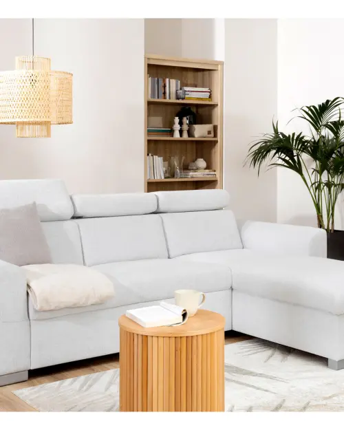 Universal corner sofa Evia with sleeping function, storage and adjustable headrests light gray