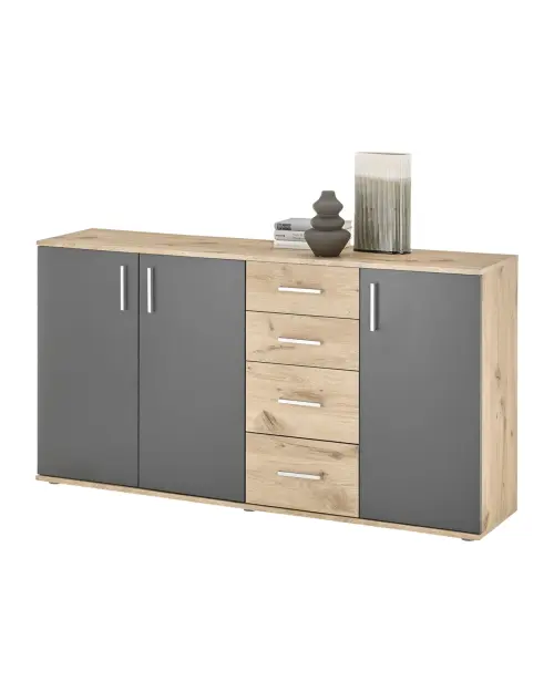 Cómoda BC 160 cm con 3 puertas y 4 cajones roble viking/gris