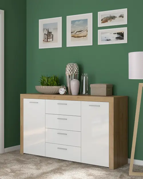 Cómoda Balder 155 cm con 2 puertas y 4 cajones roble riviera/blanco brillo