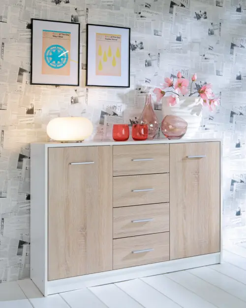 Cómoda Nepo Plus 119 cm con 2 puertas y 4 cajones blanco/roble sonoma