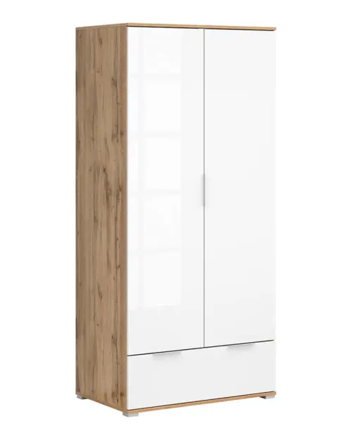 Armario de dos puertas Zele 90 cm con cajón roble wotan/blanco brillo