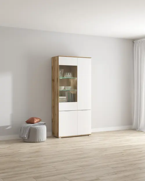 Vitrina Zele 90 cm con 4 puertas roble wotan/blanco brillo
