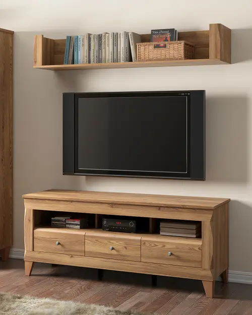 Mueble RTV Bergen 156 cm con 3 cajones y estante alerce sibiu dorado