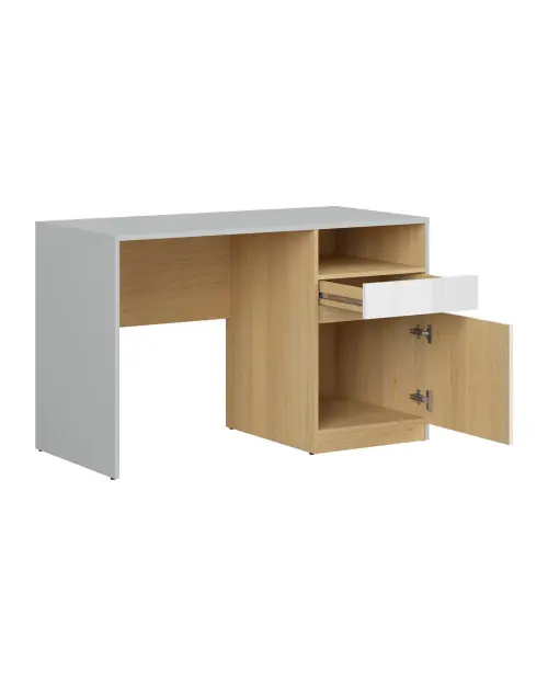Escritorio Nandu 120 cm con puerta, cajón y estante gris claro/roble polaco