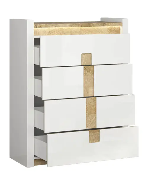 Cómoda Alameda 97 cm con 4 cajones blanco brillo/roble westminster