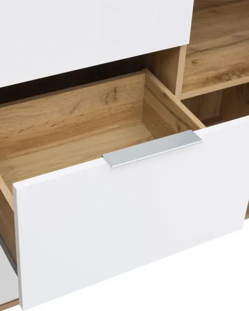Cómoda Zele 135 cm con 2 puertas y 3 cajones roble wotan/blanco brillo