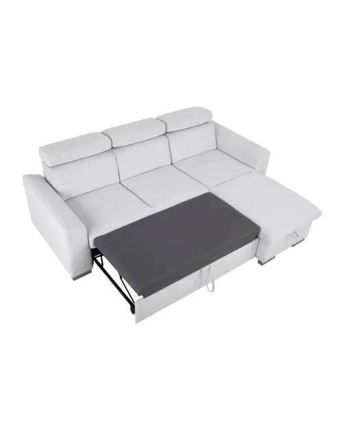 Universal corner sofa Evia with sleeping function, storage and adjustable headrests light gray