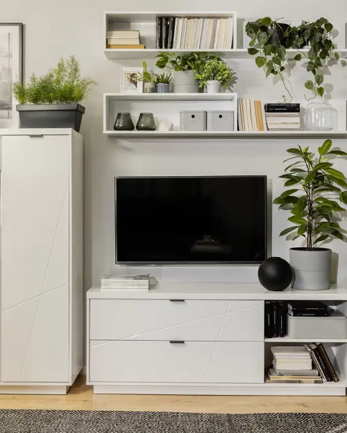 Mueble RTV Forn 156 cm con 2 cajones y estante blanco brillo