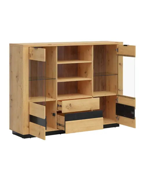 Vitrina Ostia 161 cm con 2 puertas 2 cajones y estantes roble artisan/roble negro