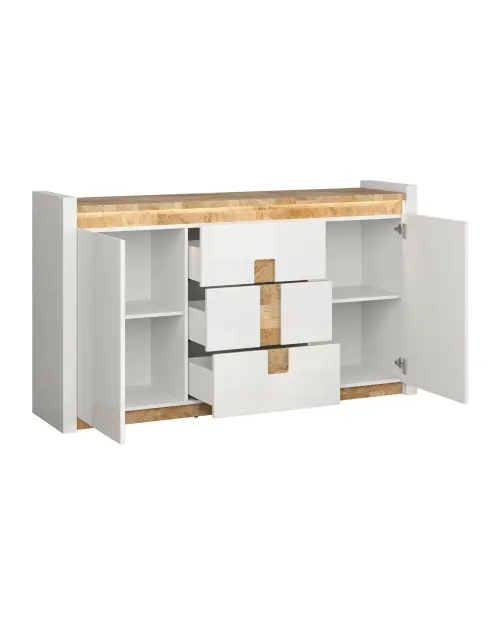 Cómoda Alameda 172 cm con 2 puertas y 3 cajones roble westminster/blanco brillo
