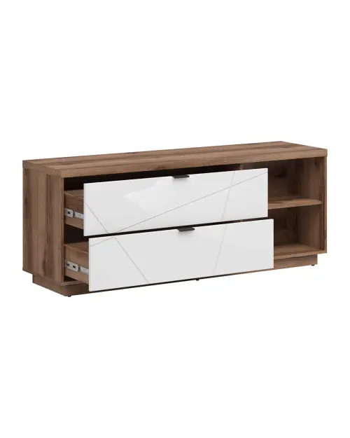 Mueble TV Forn 156 cm con 2 cajones y un estante roble delano oscuro/blanco brillo