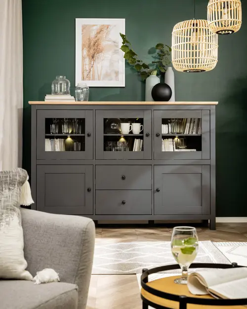 Aparador Hesen 186 cm vitrina con 5 puertas y 2 cajones grafito/roble artisan