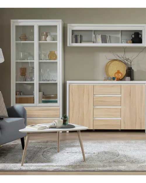 Vitrina colgante Kaspian 144 cm con puertas blanco/roble sonoma