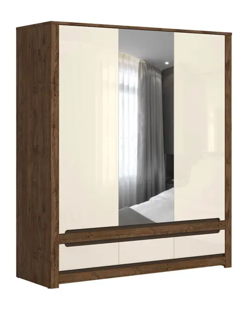 Armario de tres puertas Ruso 178 cm con espejo y cajones roble april/brillo perlado