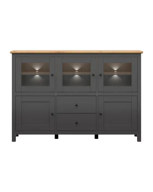 Aparador Hesen 186 cm vitrina con 5 puertas y 2 cajones grafito/roble artisan