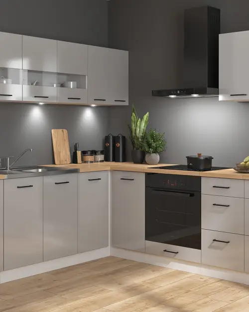 Conjunto de cocina rinconera Junona Line 220x240 gris claro brillo con encimera