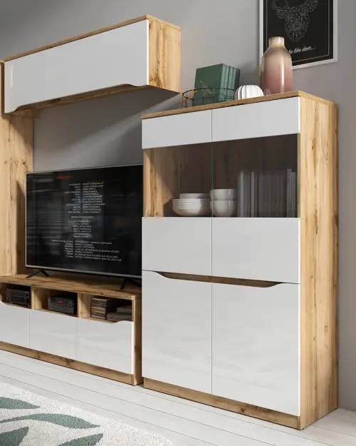 Armario colgante Nuis 135 cm abierto roble wotan/blanco brillo