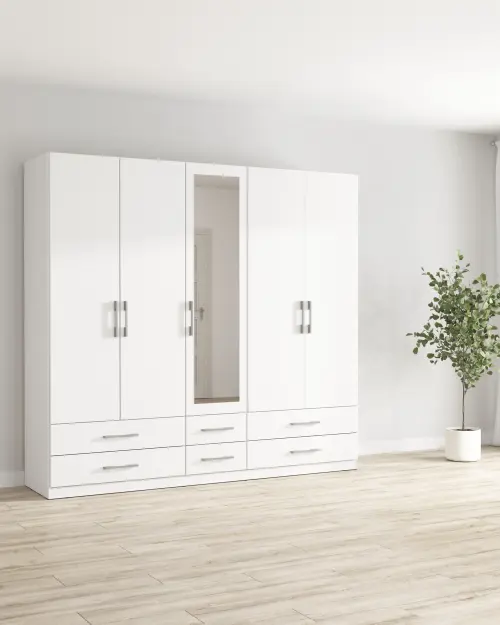 Armario de cinco puertas Herford 226 cm con espejo y 6 cajones blanco