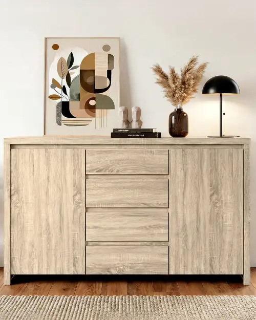 Cómoda Kaspian 144 cm con 2 puertas y 4 cajones roble sonoma