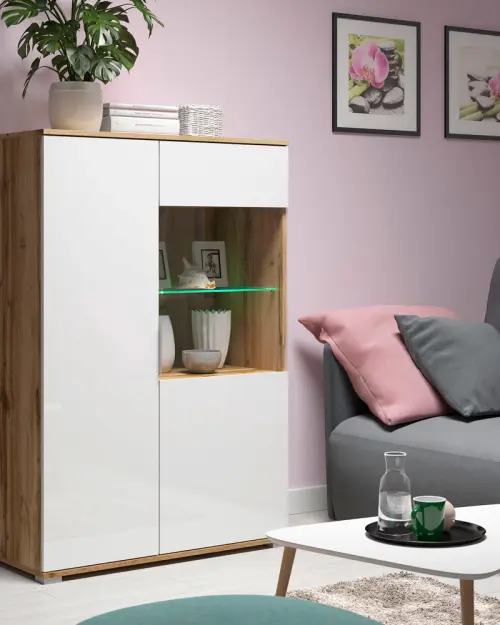 Vitrina Zele 90 cm con 2 puertas roble wotan/blanco brillo