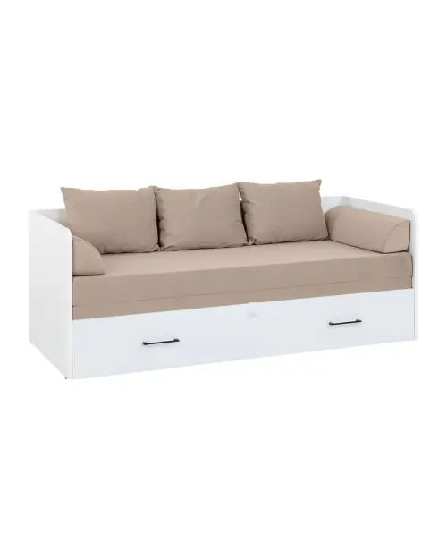 Cama extensible Tetrix blanco brillo 80-160x200 con contenedor colchón y cojines beige