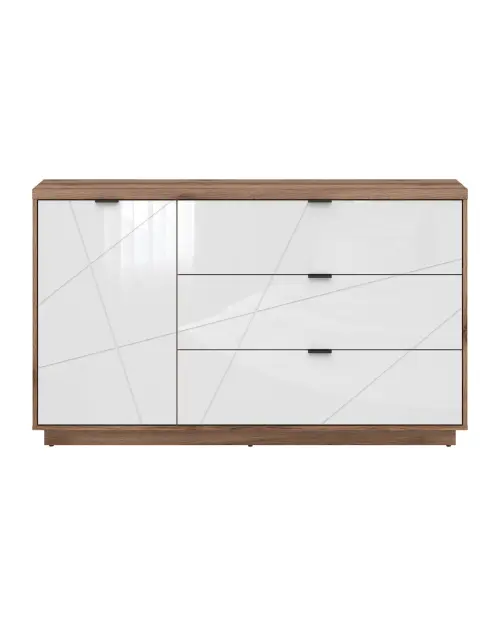 Cómoda Forn 156 cm con puertas y 3 cajones roble delano oscuro/blanco brillo