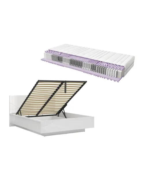 Conjunto cama Forn blanco brillo con somier y colchón Mimas 160x200