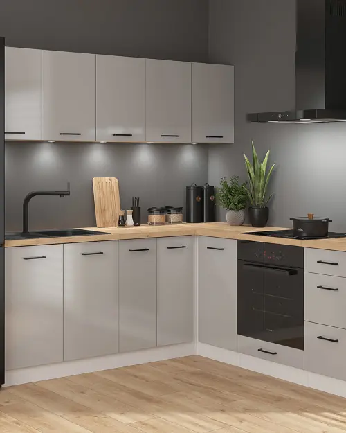 Conjunto de cocina rinconera Junona Line 200x200 gris claro brillo sin encimera