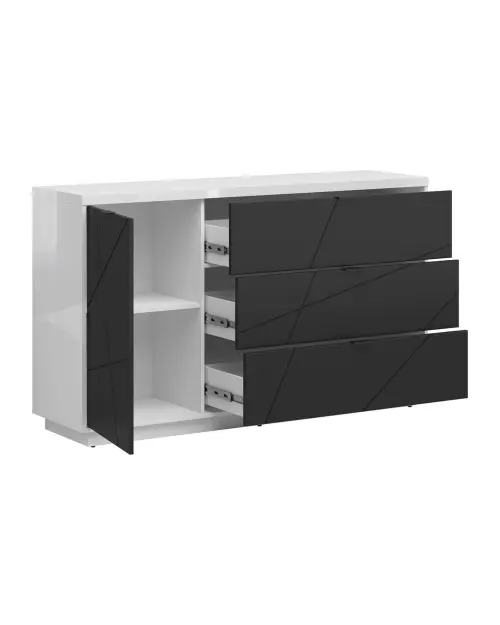 Cómoda Forn 156 cm con puertas y 3 cajones blanco brillo/negro mate