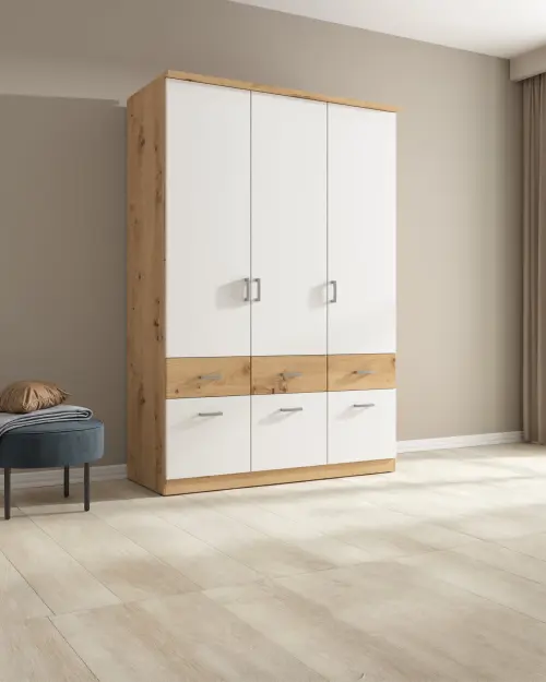 Three-door wardrobe Brando-3 136 cm with drawers artisan oak/white