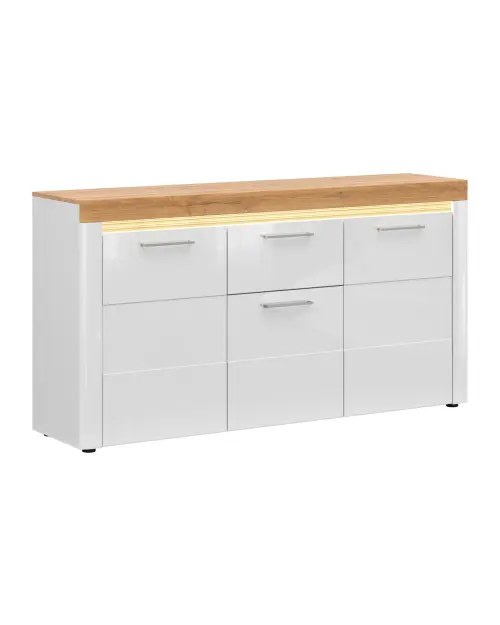 Cómoda Horton 170 cm con 3 puertas y un cajón roble dorado grandson/blanco brillo