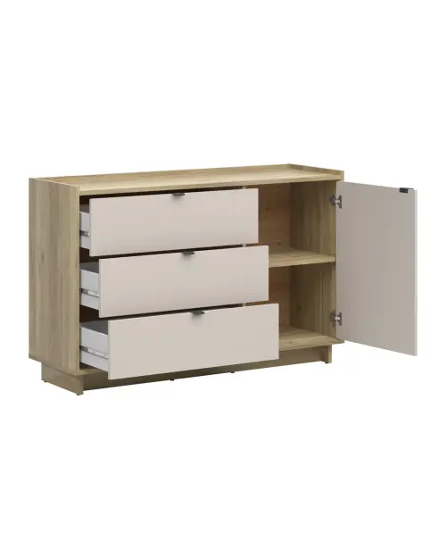 Cómoda Dalva 134 cm con puertas y 3 cajones roble mauvella/cachemira