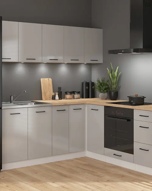 Conjunto de cocina de esquina Junona Line 200x200 gris claro brillo con encimera