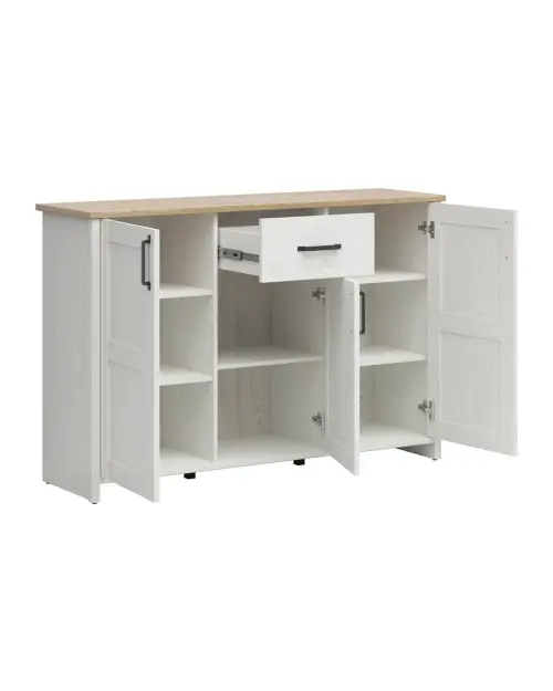 Cómoda Loksa 148 cm con 3 puertas y un cajón pino andersen blanco/roble grandson