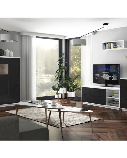 Cómoda Forn 156 cm con puertas y 3 cajones blanco brillo/negro mate