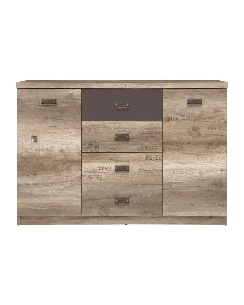 Cómoda Malcolm 130 cm con 2 puertas y 4 cajones roble canyon monument/gris wolfram/roble canyon monument estampado