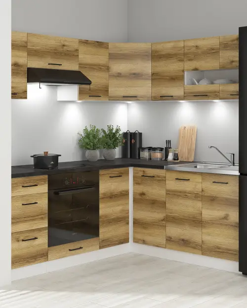 Conjunto de cocina de esquina Junona Line 180x200 roble delano claro con encimera