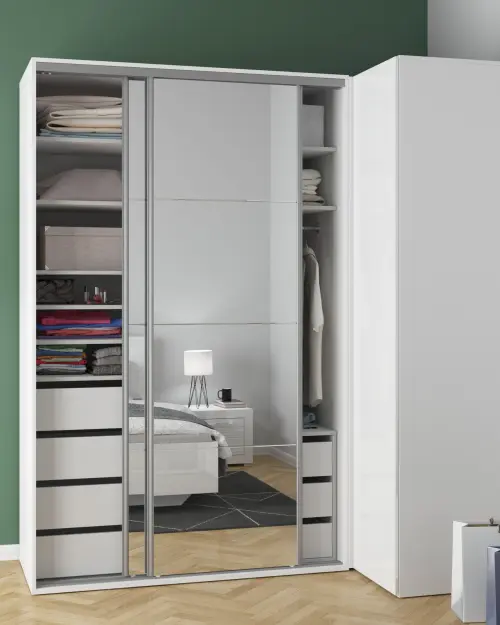 Модульный шкаф Flex 220x116 см угловой с зеркалом белый глянец