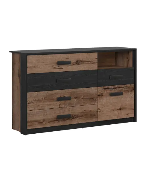 Cómoda Kassel 150 cm con puertas y 5 cajones roble monastery/roble negro