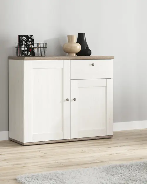 Cómoda Stockholm 103 cm con 2 puertas y un cajón pino andersen blanco/roble sonoma oscuro