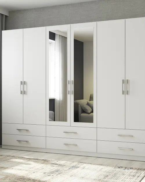 Шкаф шестидверный Herford 270 см с зеркалом и 6 ящиками белый