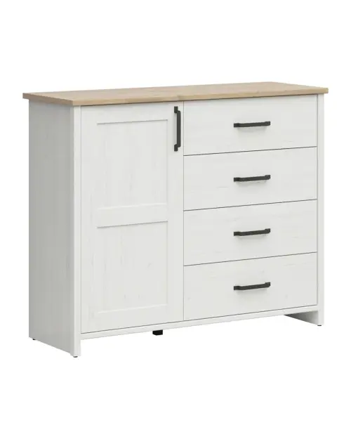 Cómoda Loksa 120 cm con puertas y 4 cajones pino blanco andersen/roble grandson