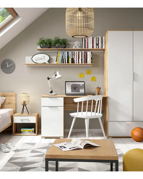 Escritorio Zele 120 cm con puerta y cajón roble wotan/blanco