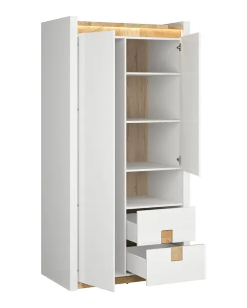 Armario de dos puertas Alameda 102 cm con cajones blanco brillo/roble westminster