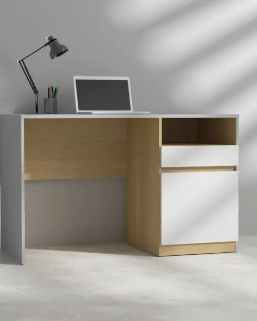 Escritorio Nandu 120 cm con puerta, cajón y estante gris claro/roble polaco